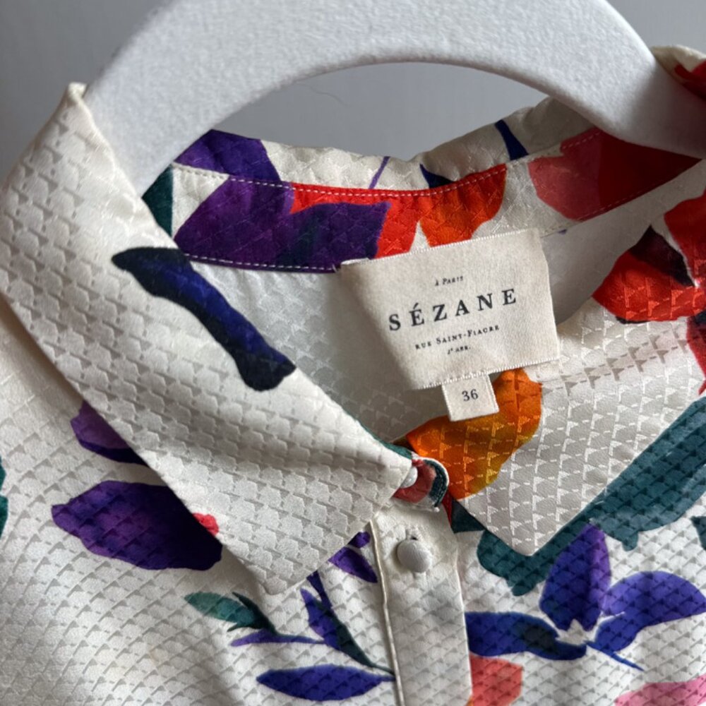 Sezane Floral Midi Dress in Cream with Orange & Purple Blossoms - Picture 7 of 10